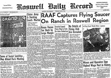 罗斯韦尔当地日报于1947年所报道的不明飞行物坠毁事故。