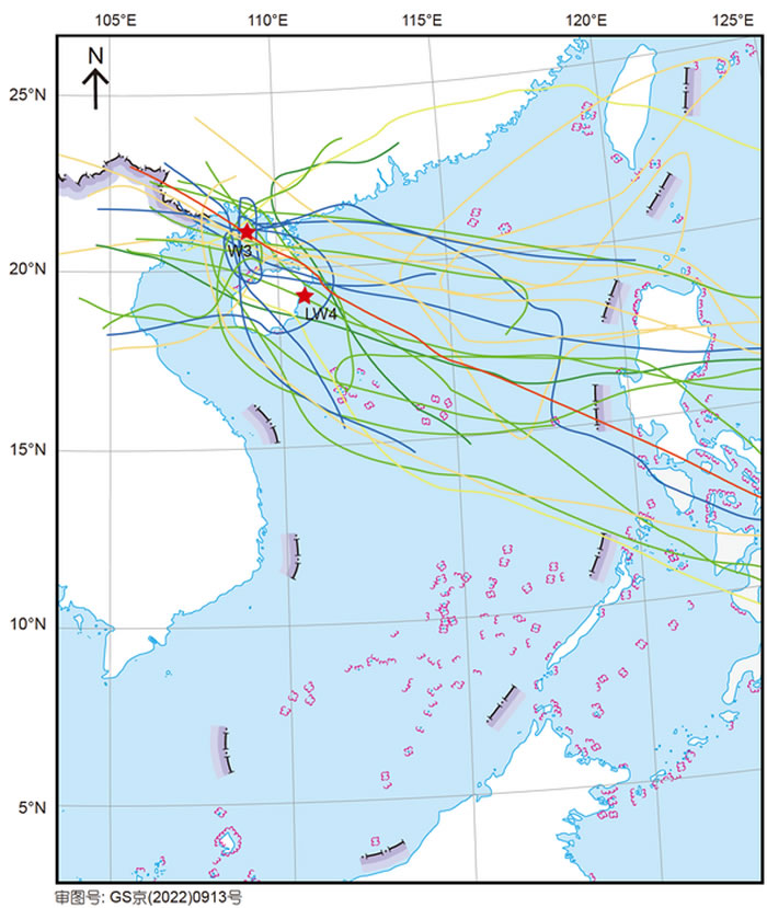 珊瑚岩芯位置（W3为涠洲岛珊瑚，LW4为海南岛珊瑚）与1984~2015年间影响到涠洲岛的台风路径图