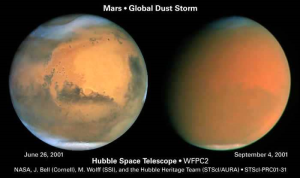 哈伯望远镜在2001年火星冲后，拍摄的火星影像，左图可以清楚看见火星的地表，右图则受到火星全球风暴的影响，蒙上一层红色薄纱。影像来源：NASA
