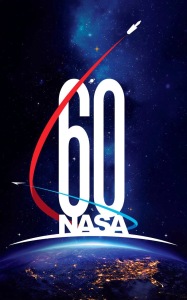 美国航太总署（NASA）成立60周年纪念标识，60和NASA位在地球圆弧和美国领土之上，是从牛顿的名言「如果我看得比别人更远，那是因为我站在巨人的肩膀上」获得的